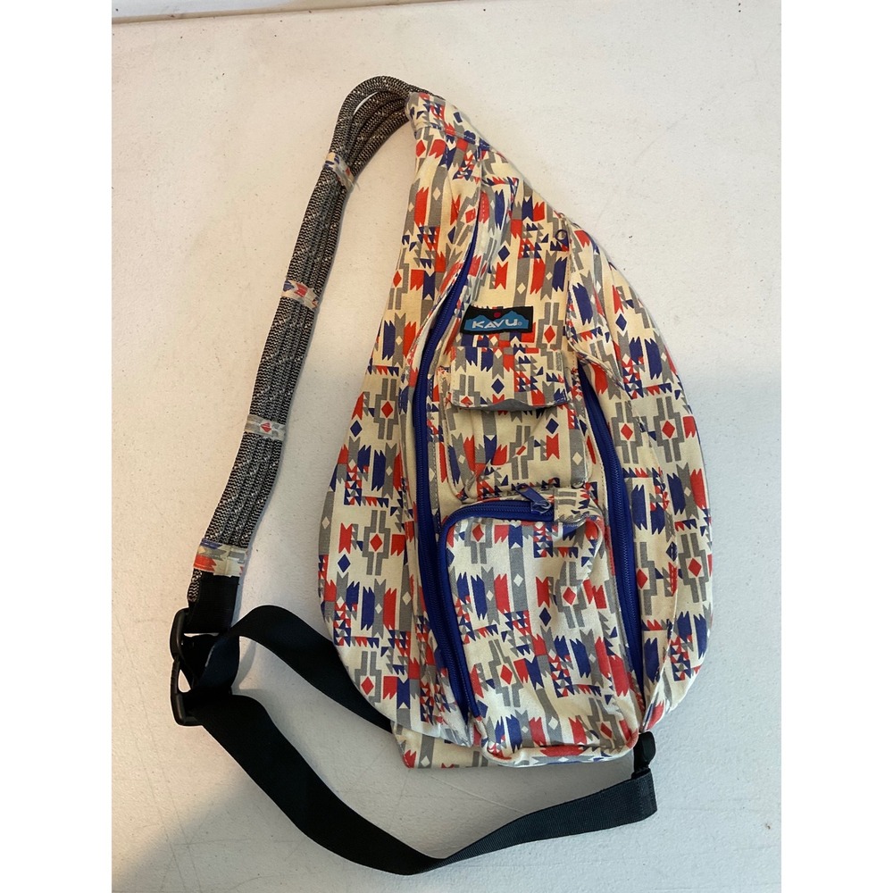 Kavu Rope Bag Canvas Sling Backpack Southwestern Geometric Print Blue Red Cream